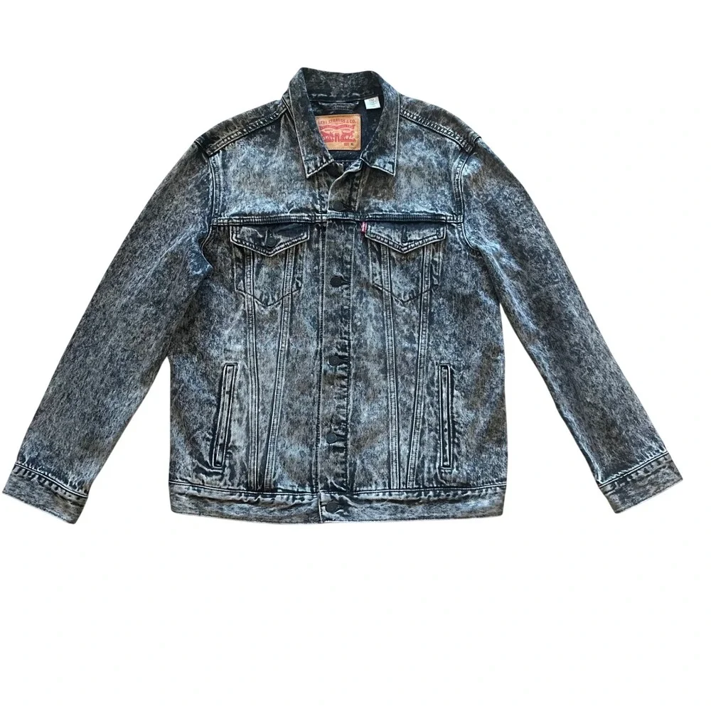 Levi Strauss Mens XL Acid Wash Denim Trucker Jacket Black Gray Jean Coat